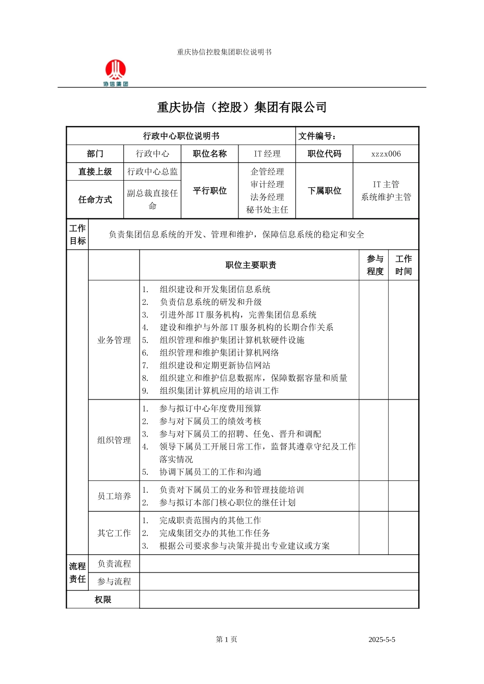 IT经理职位说明书.doc_第1页