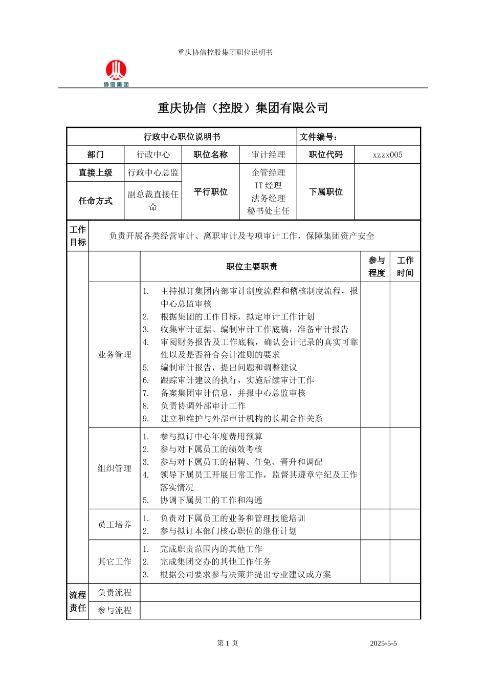 审计经理职位说明书.doc_第1页