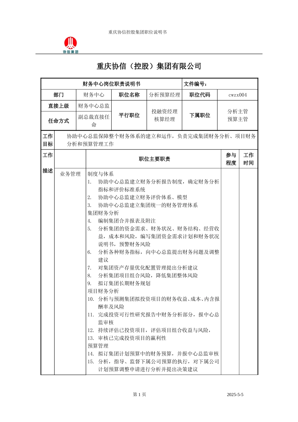 分析预算职位说明书.doc_第1页