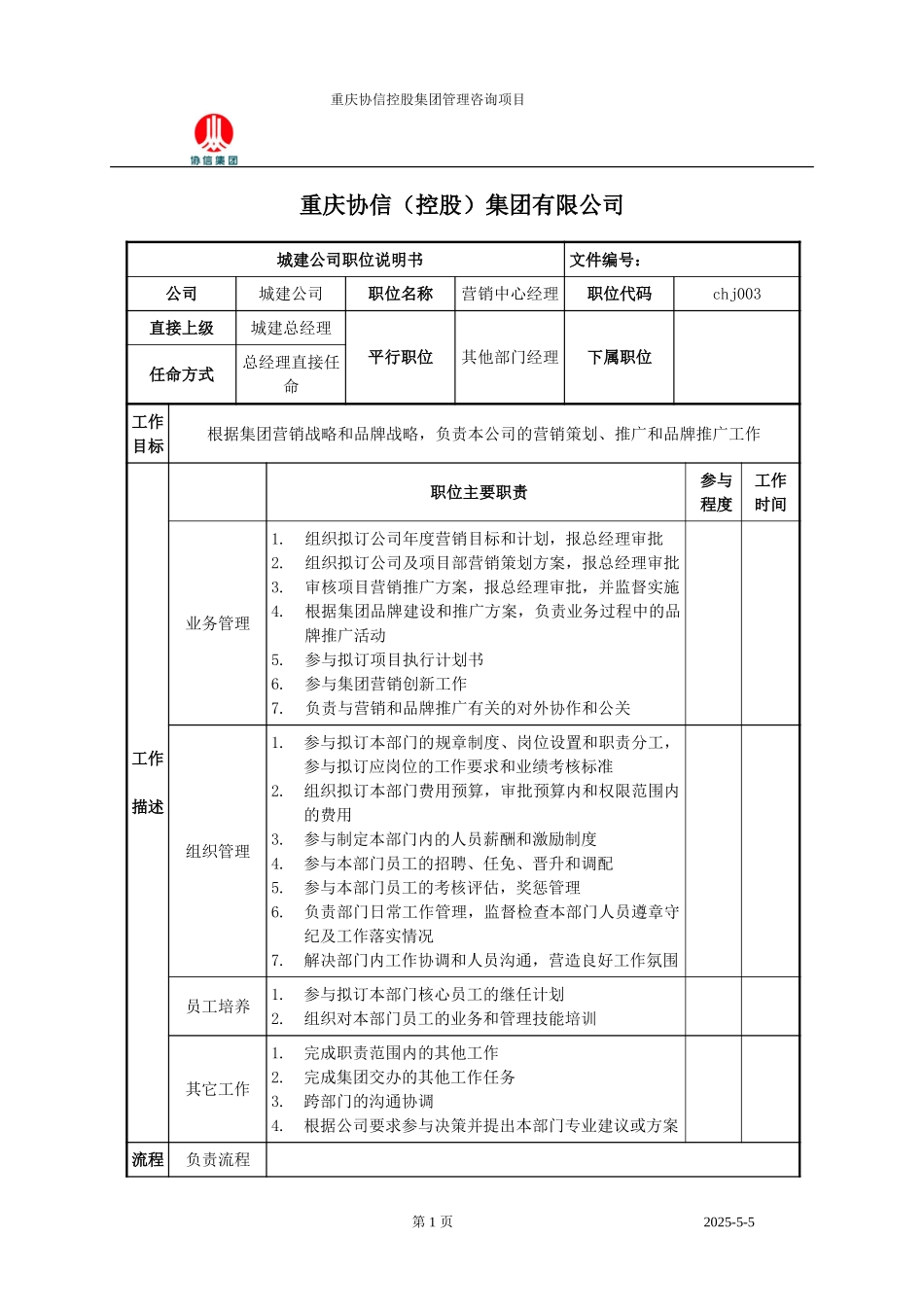 营销中心经理职位说明书.doc_第1页