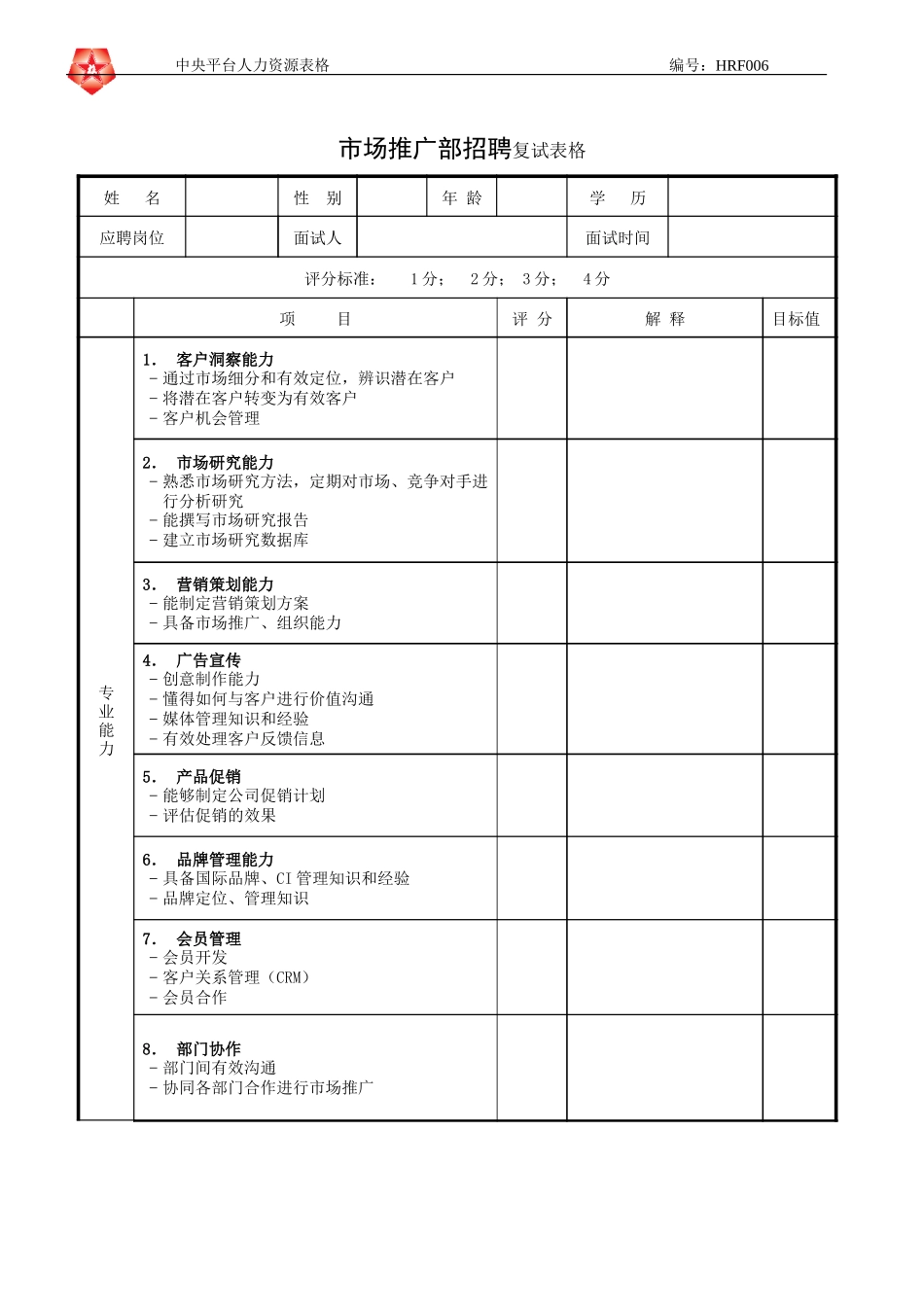 June 16 - HRF006市场推广部招聘复试表格.doc_第1页