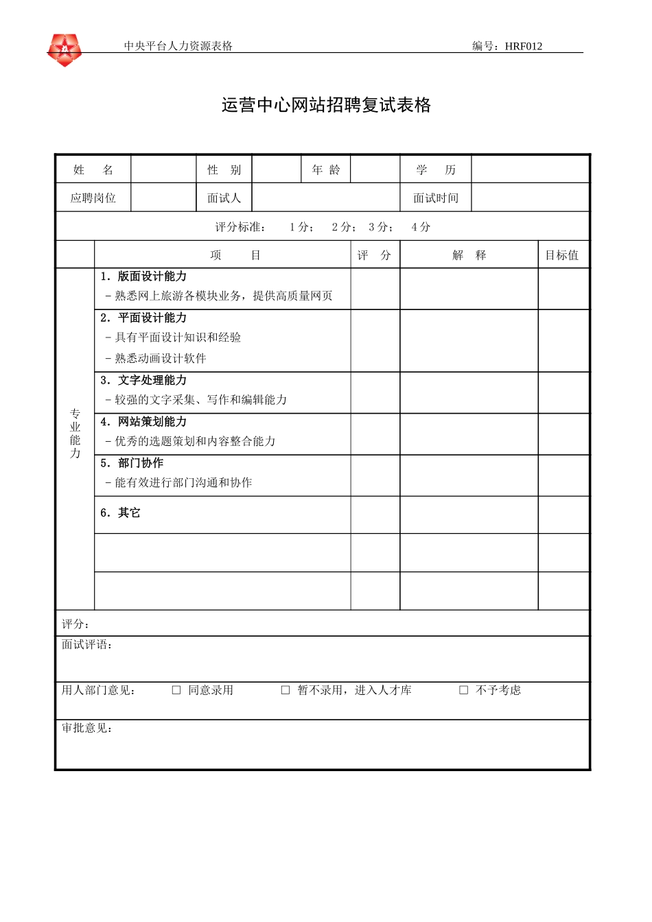 June 16 - HRF012运营中心网站招聘复试表格.doc_第1页