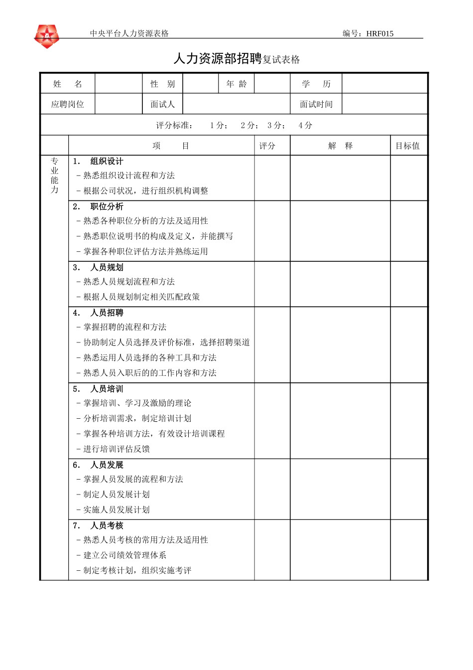June 16 - HRF015人力资源部招聘复试表格.doc_第1页