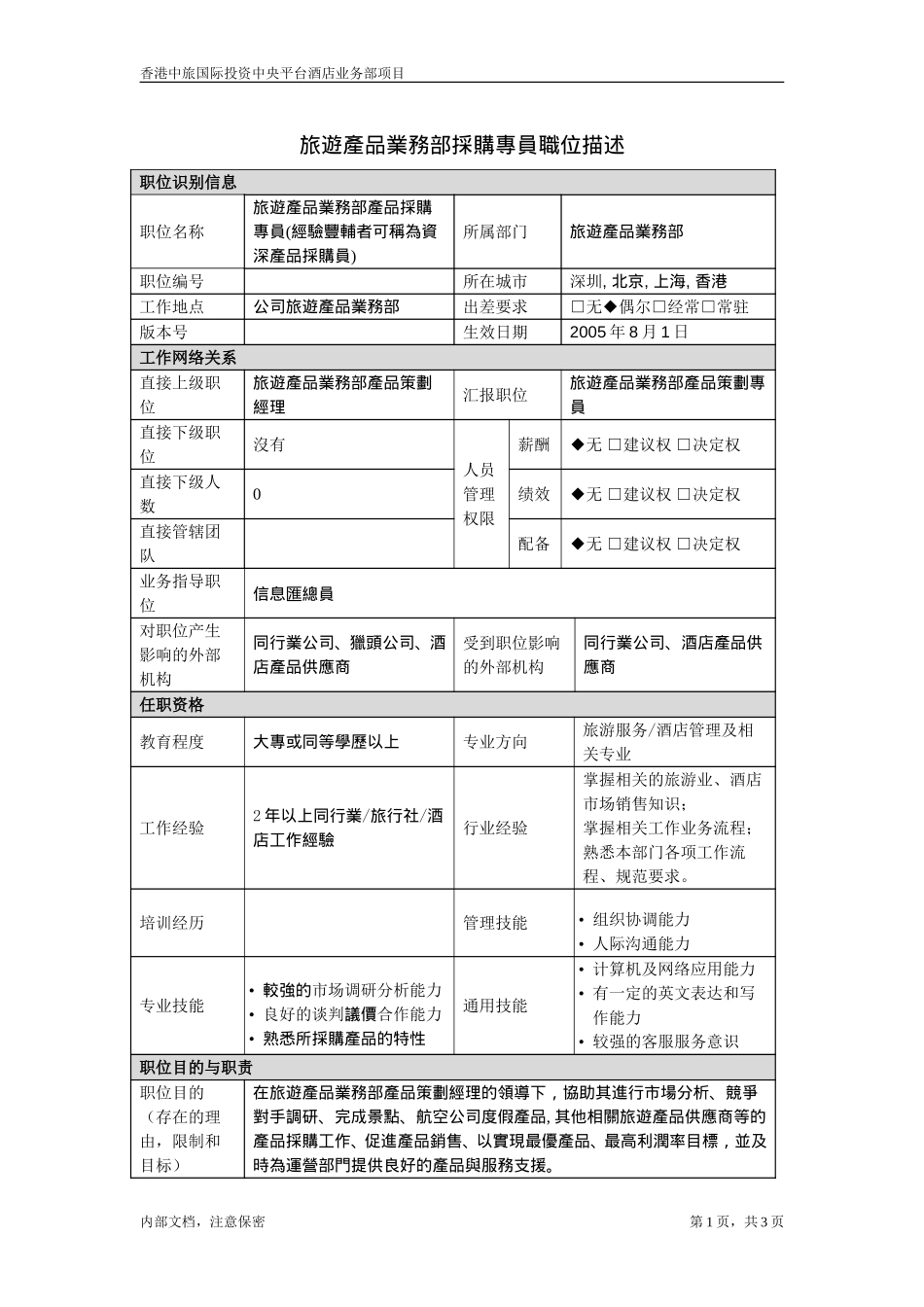 职位描述-旅游产品业务部产品采购专员 20050628.doc_第1页