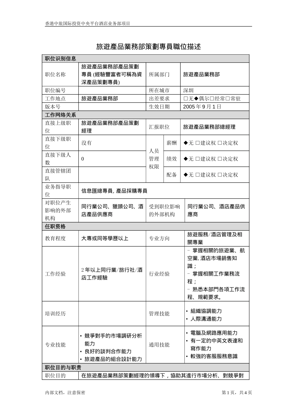 职位描述-旅游产品业务部产品策划专员20050628.doc_第1页