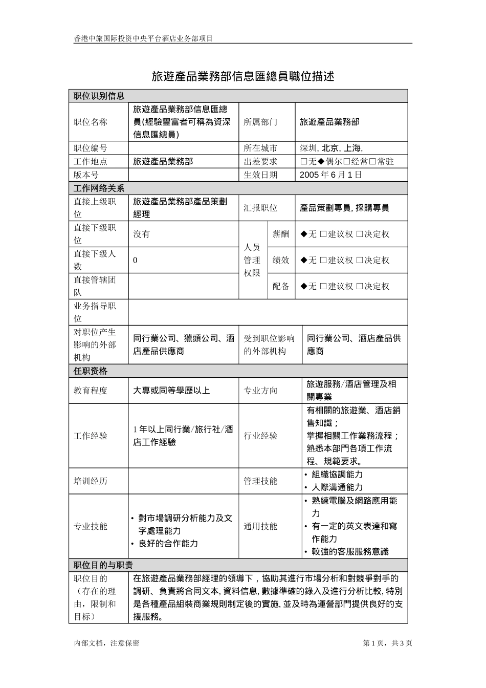 职位描述-旅游产品业务部信息汇总员20050628.doc_第1页