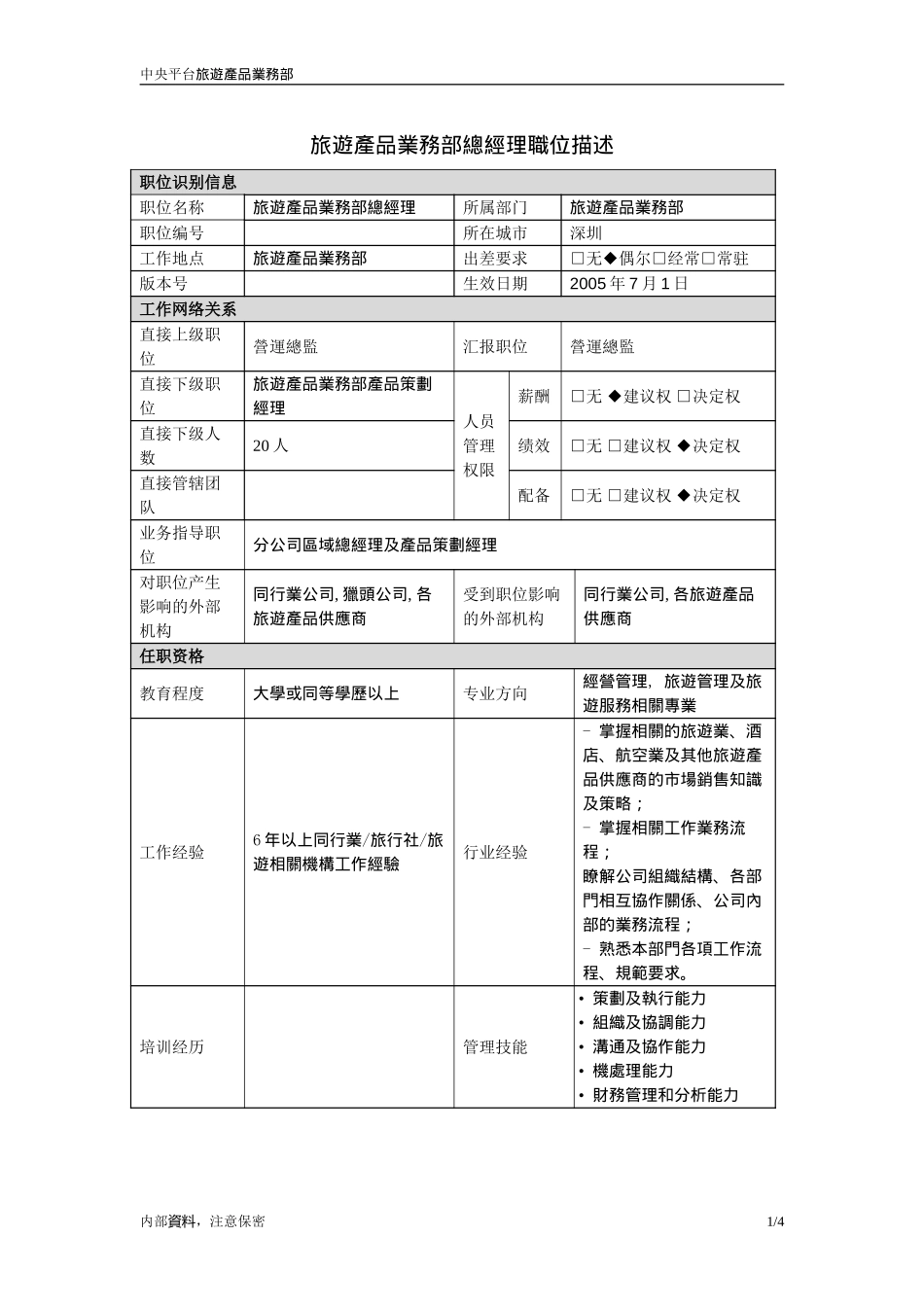 职位描述-旅游产品业务部总经理20050628.doc_第1页