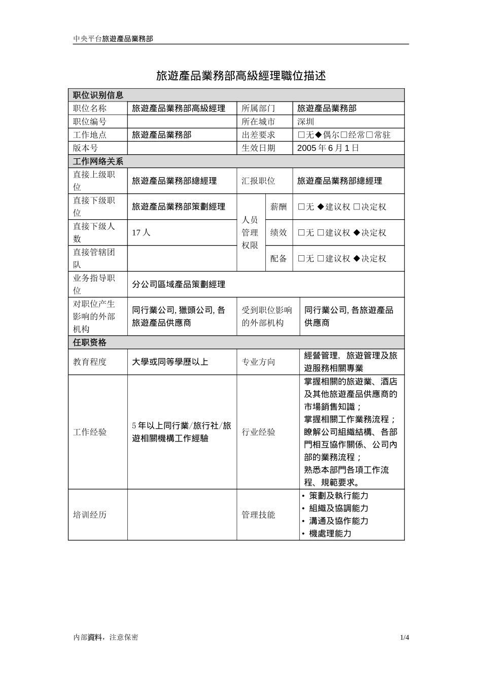 職位描述-旅遊產品業務部高級经理20050620.doc_第1页