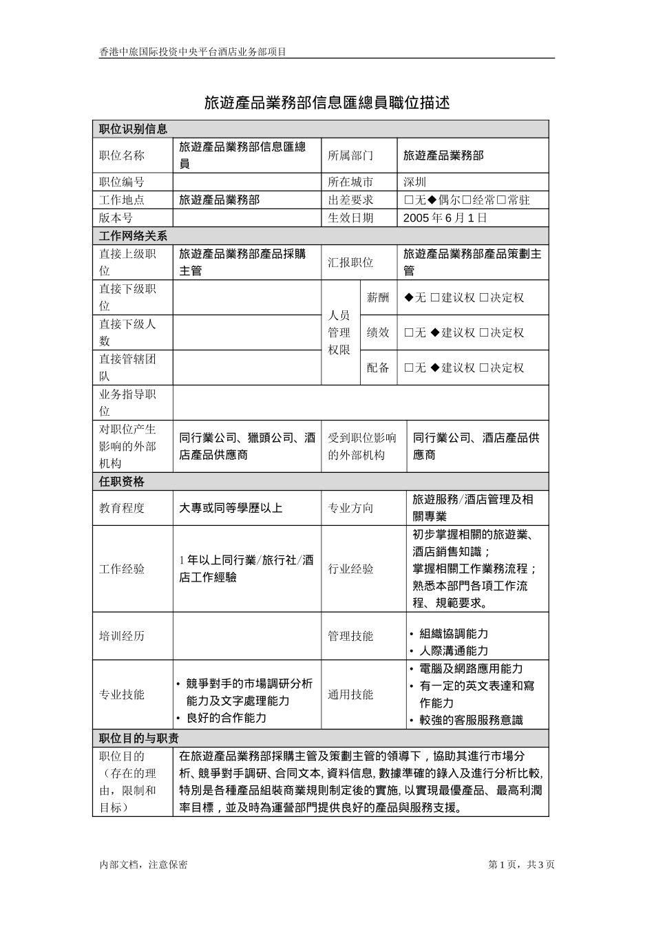 職位描述-旅遊產品業務部信息總員20050621.doc_第1页
