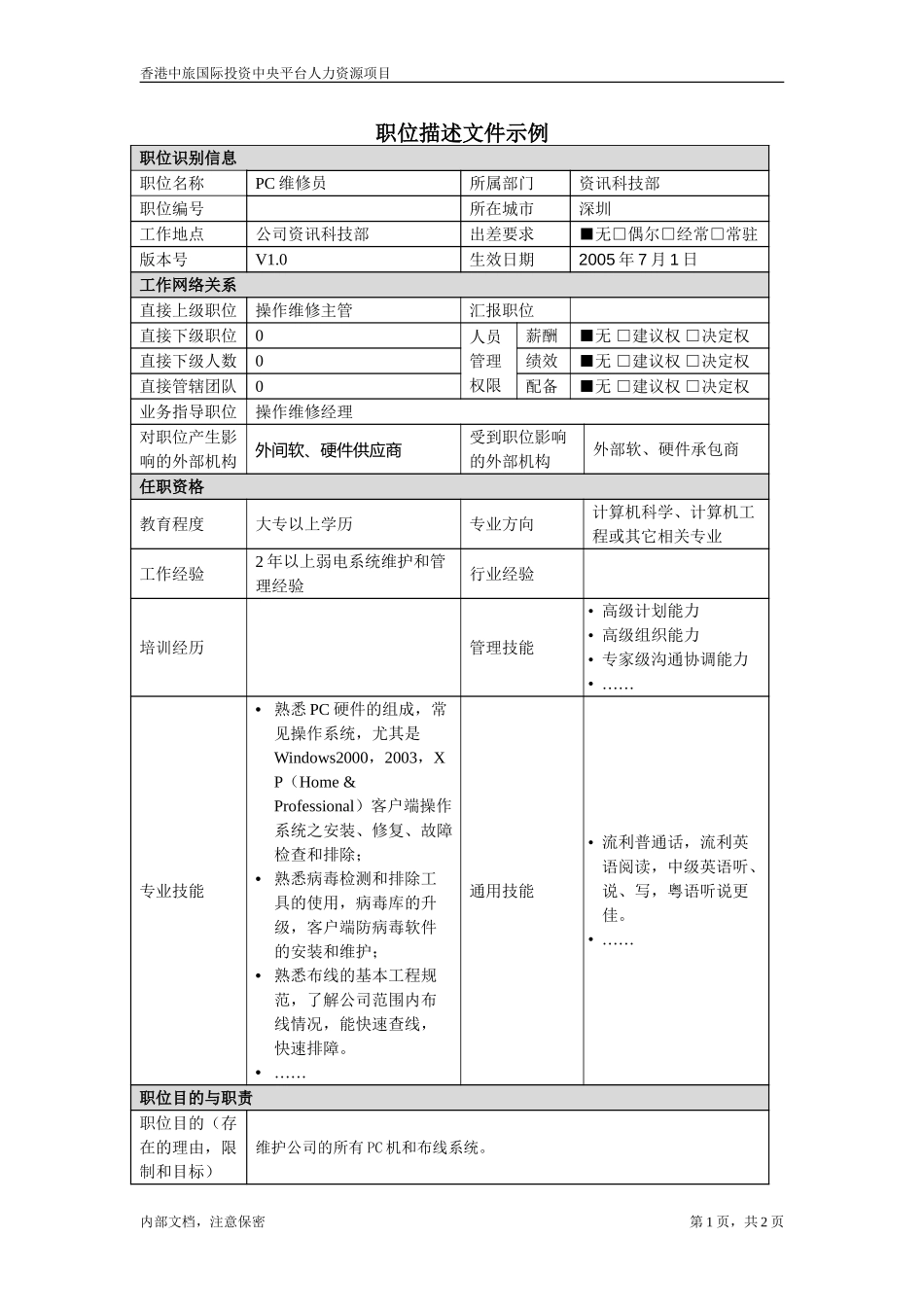 职位描述文件-PC维修员.doc_第1页