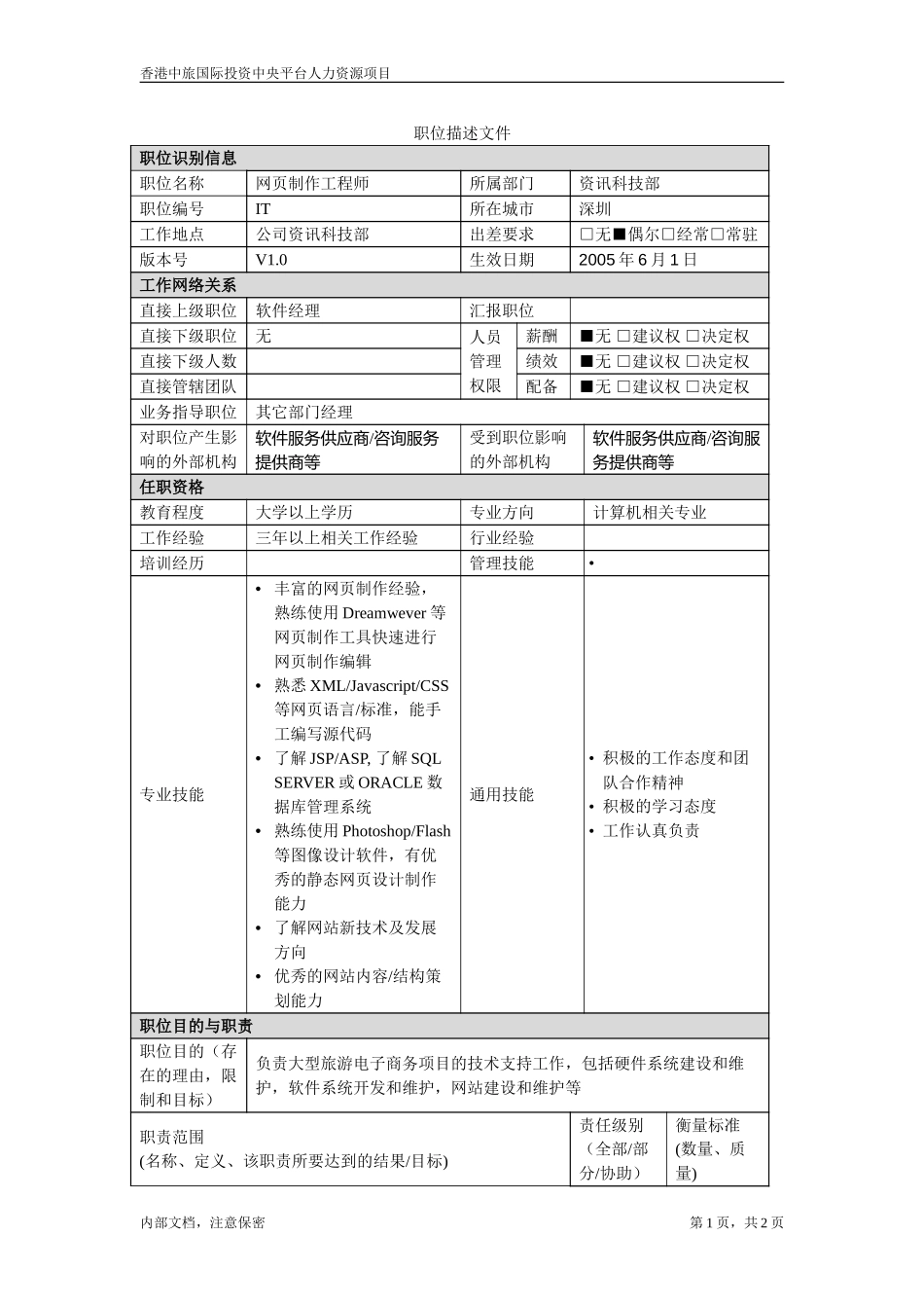 资讯科技部职位描述－网页制作工程师.doc_第1页