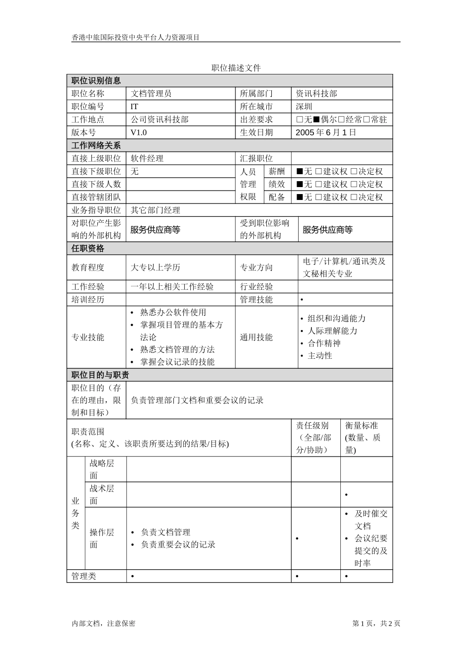 资讯科技部职位描述－文档管理员.doc_第1页