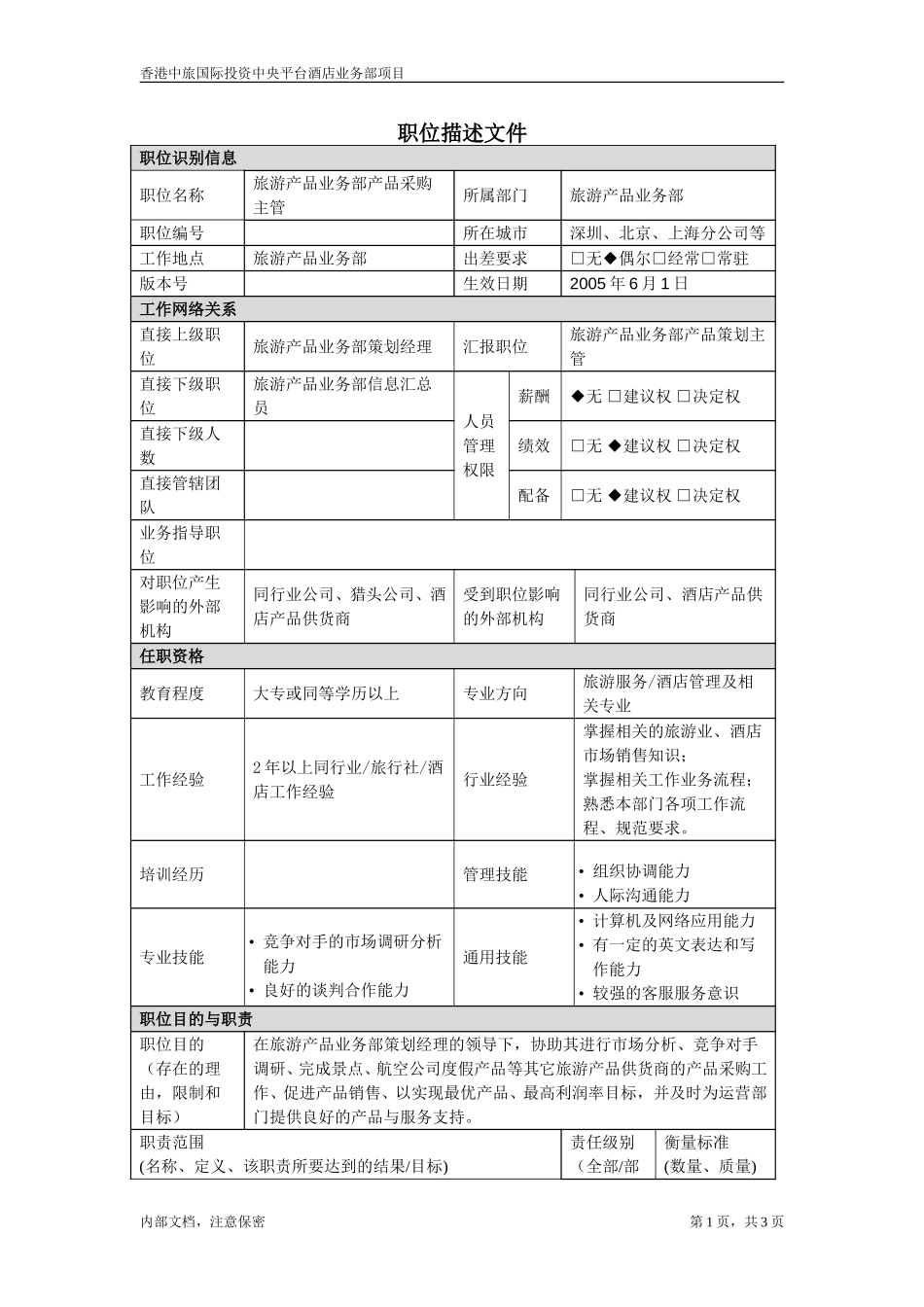 职位描述-旅游产品业务部产品采购主管.doc_第1页