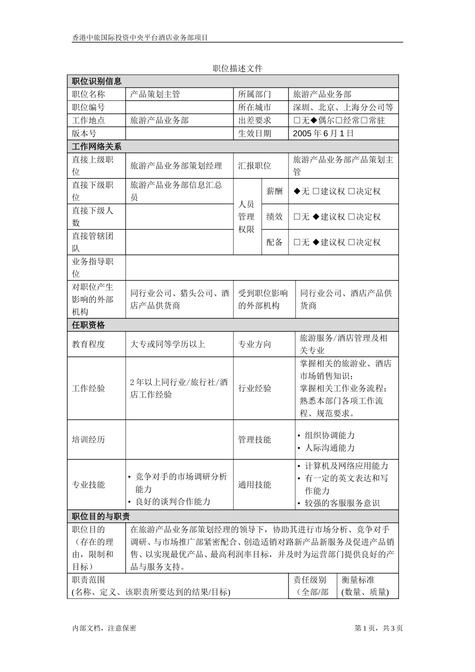 职位描述-旅游产品业务部产品策划主管.doc_第1页