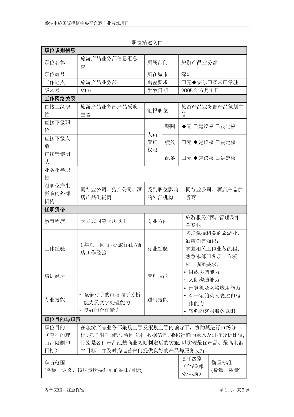 职位描述-旅游产品业务部信息汇总员.doc_第1页
