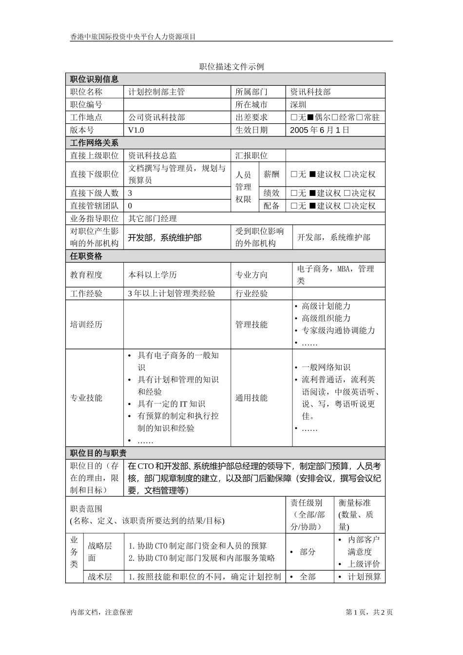 职位描述文件计划控制部主管.doc_第1页