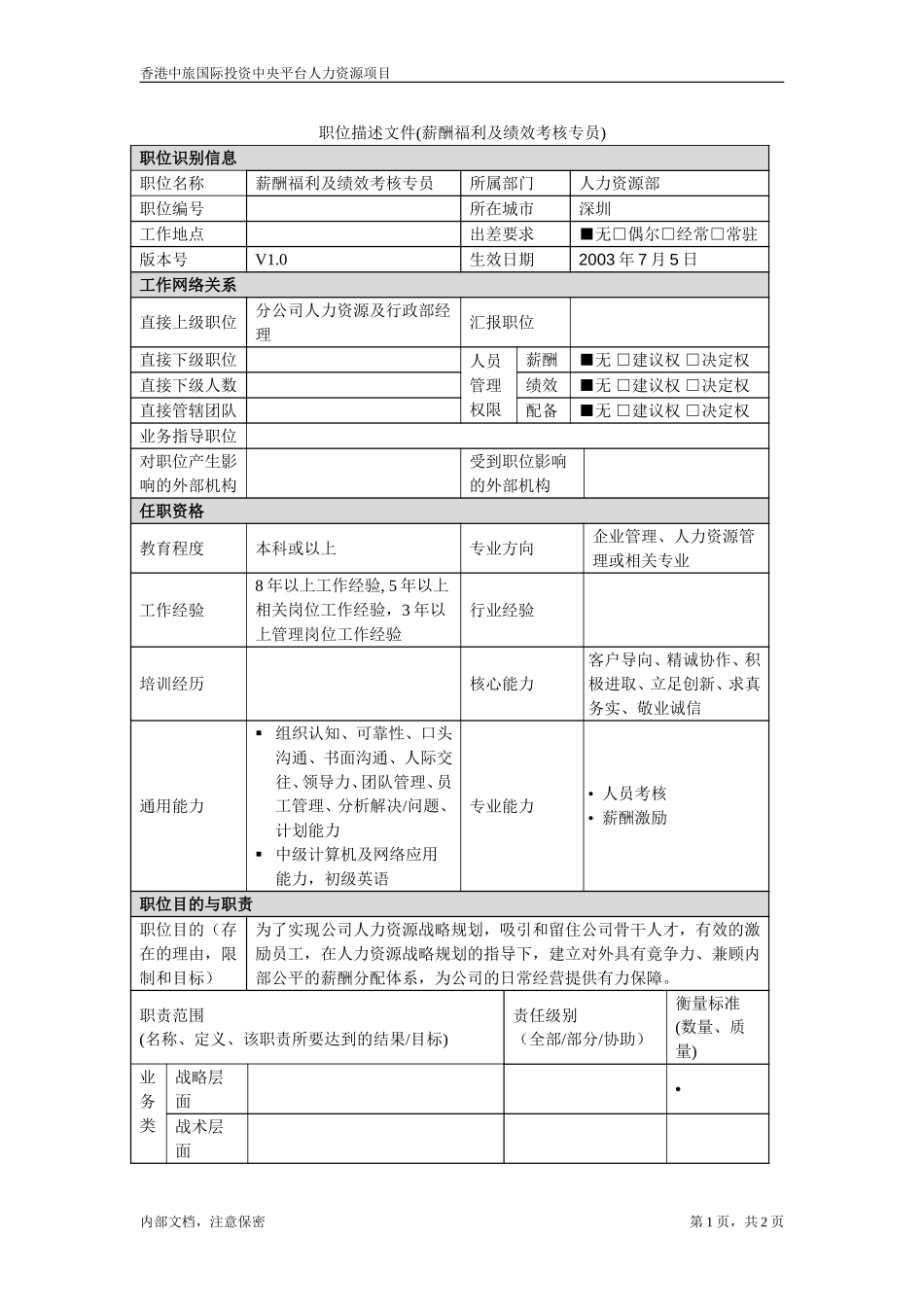 分公司薪酬福利及绩效考核专员.doc_第1页