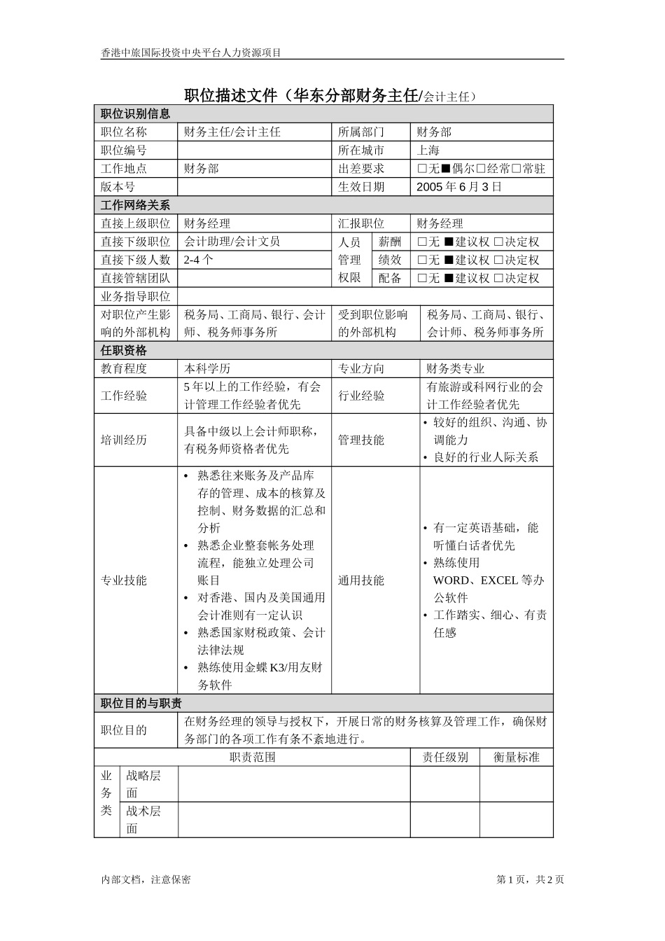 职位描述－上海分公司财务主任,会计主任.doc_第1页