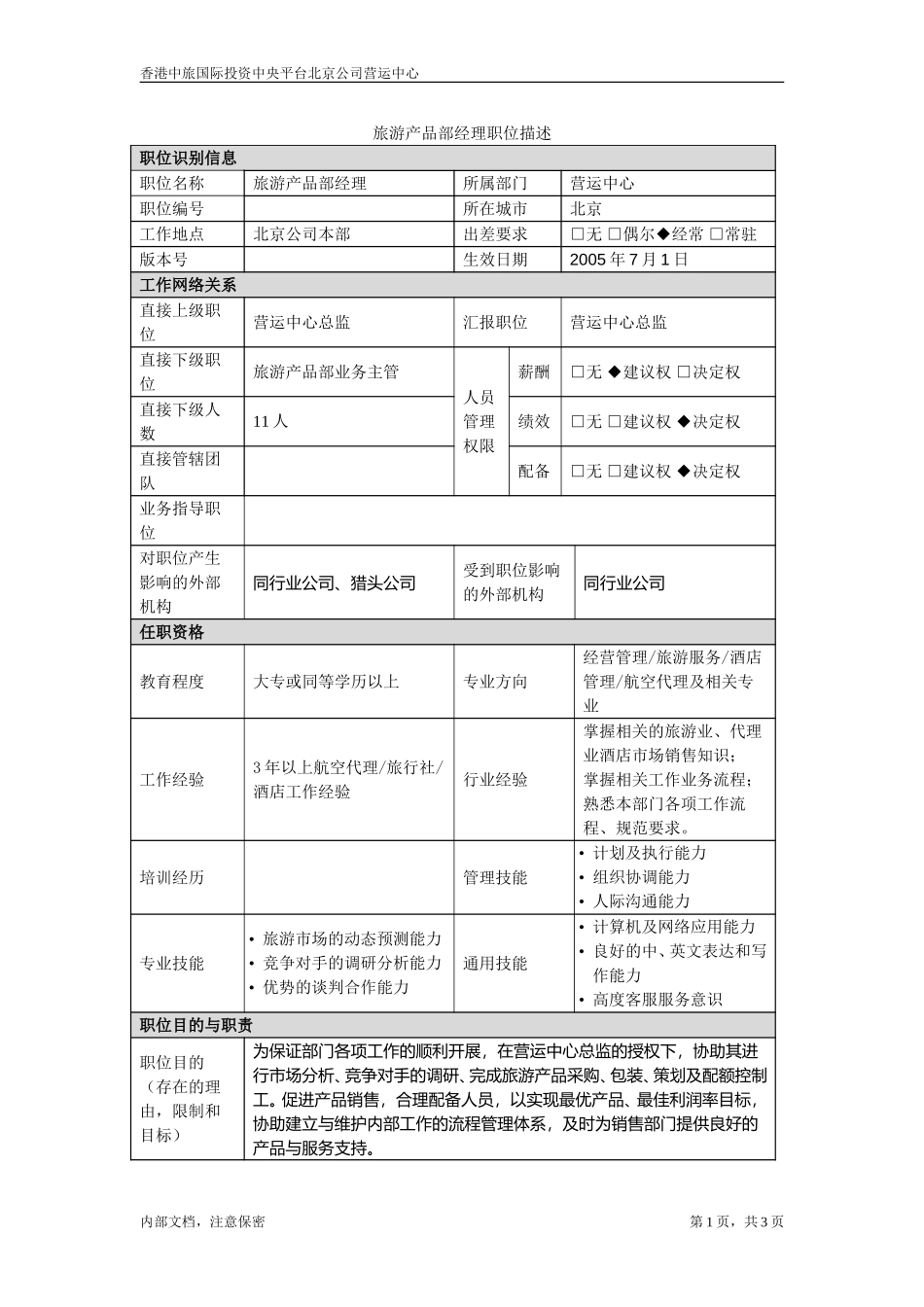 职位描述书－北京公司旅游产品部经理.doc_第1页