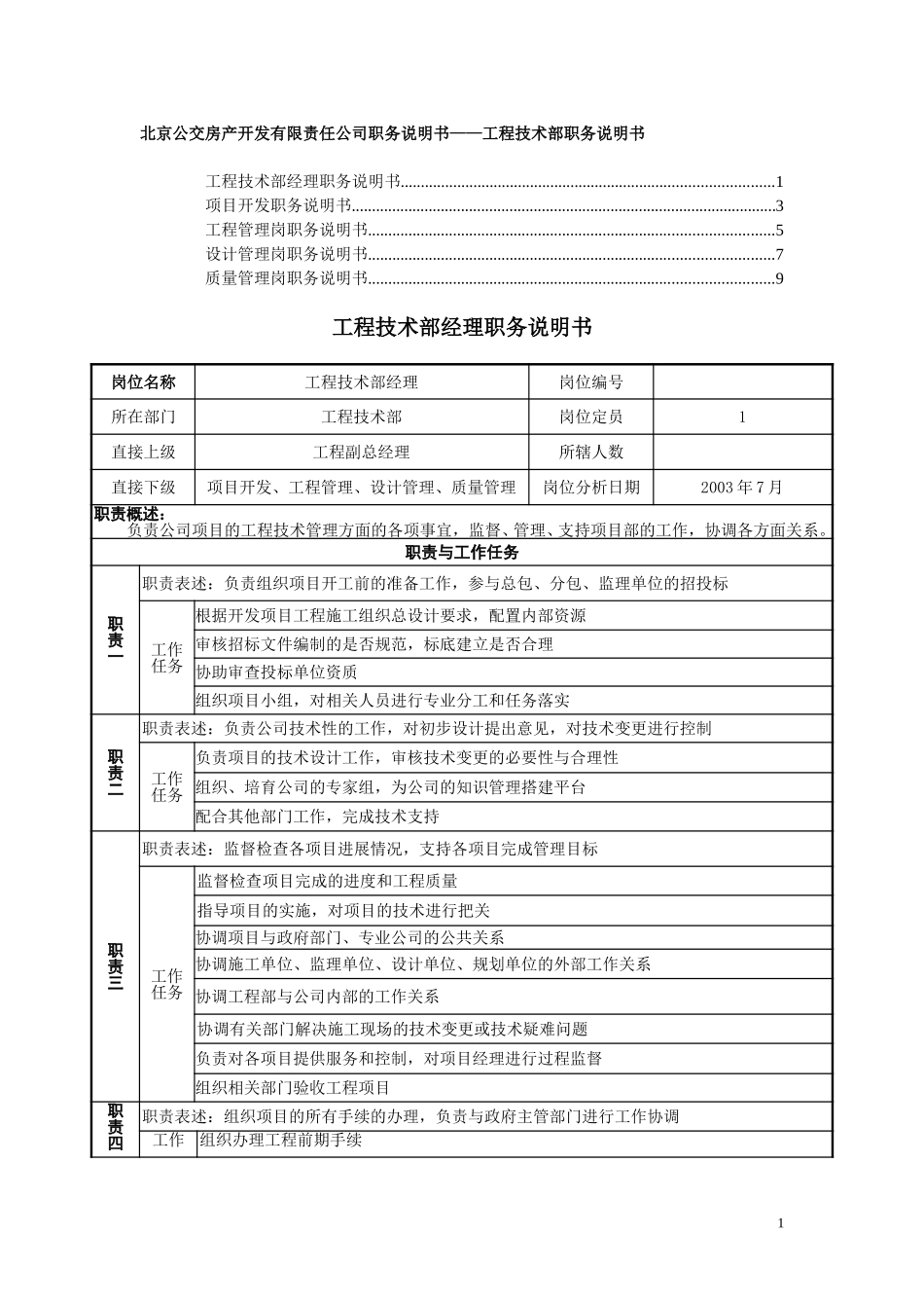 职务说明书－工程技术部.doc_第1页