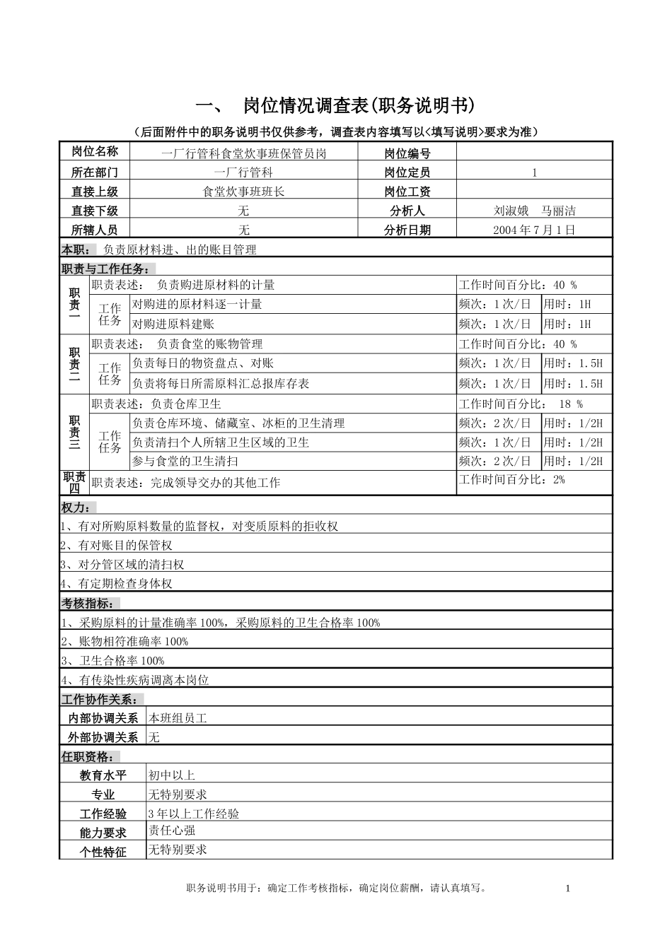 岗位情况调查表（食堂炊事班保管员岗）.doc_第1页