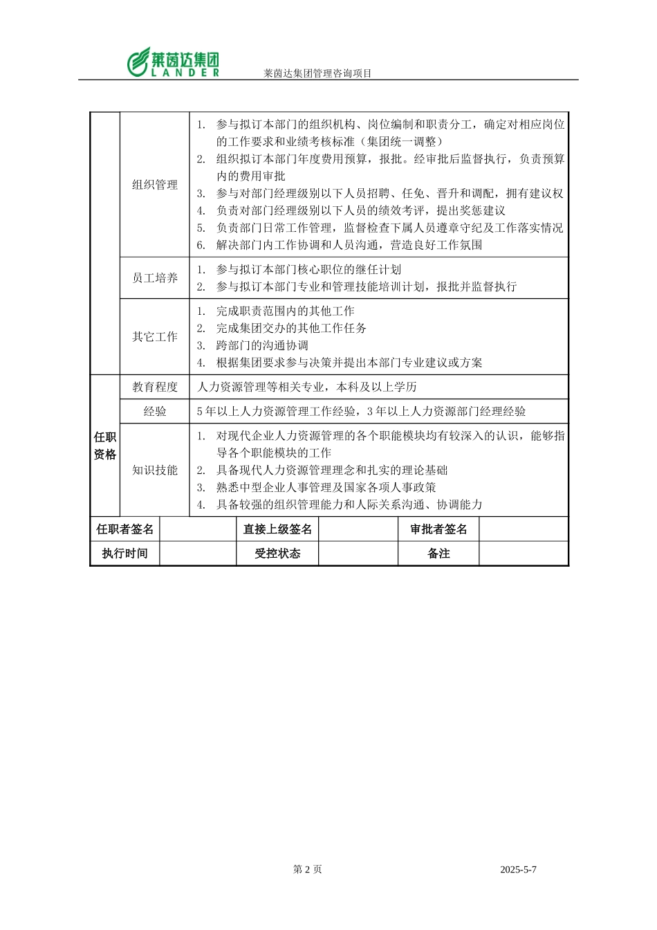 人力资源部经理职位说明书.doc_第2页