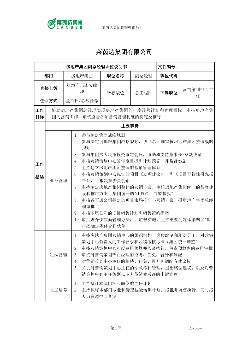 房地产集团副总经理职位说明书.doc_第1页