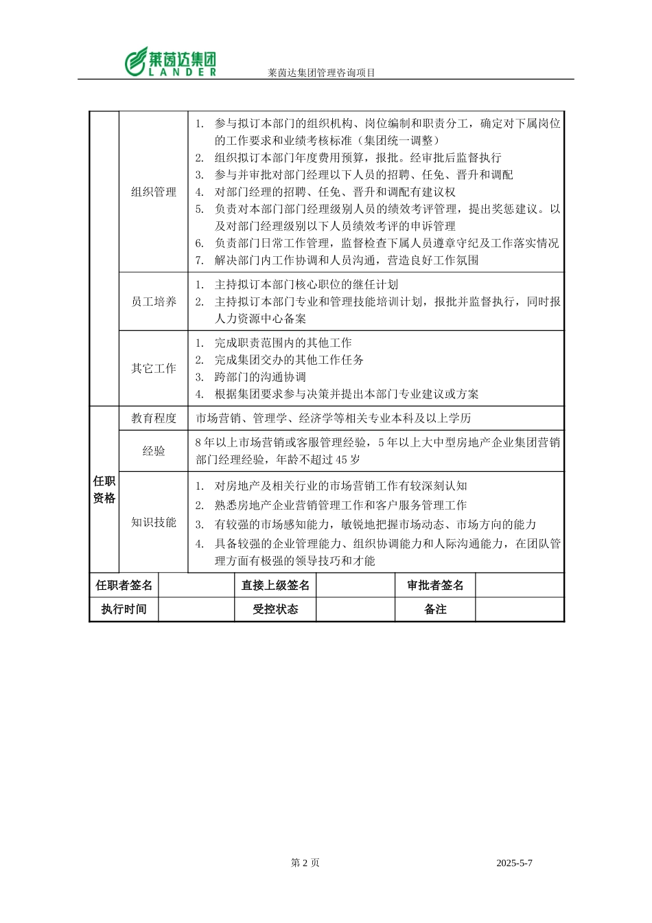 房地产集团营销策划中心主任职位说明书.doc_第2页