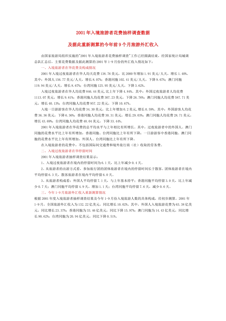 2001年入境旅游者花费抽样调查数据.doc_第1页