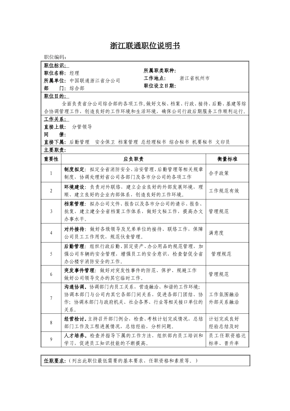 定岗定编与职位说明书-综合部 (2).doc_第1页