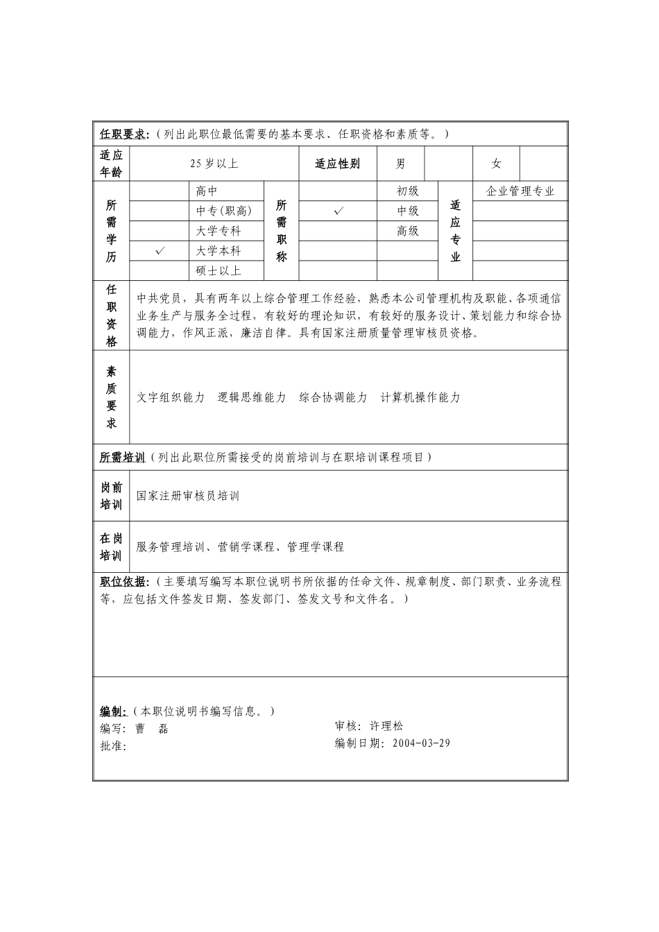 定岗定编与职位说明书-质量与服务监督部 (1).doc_第2页