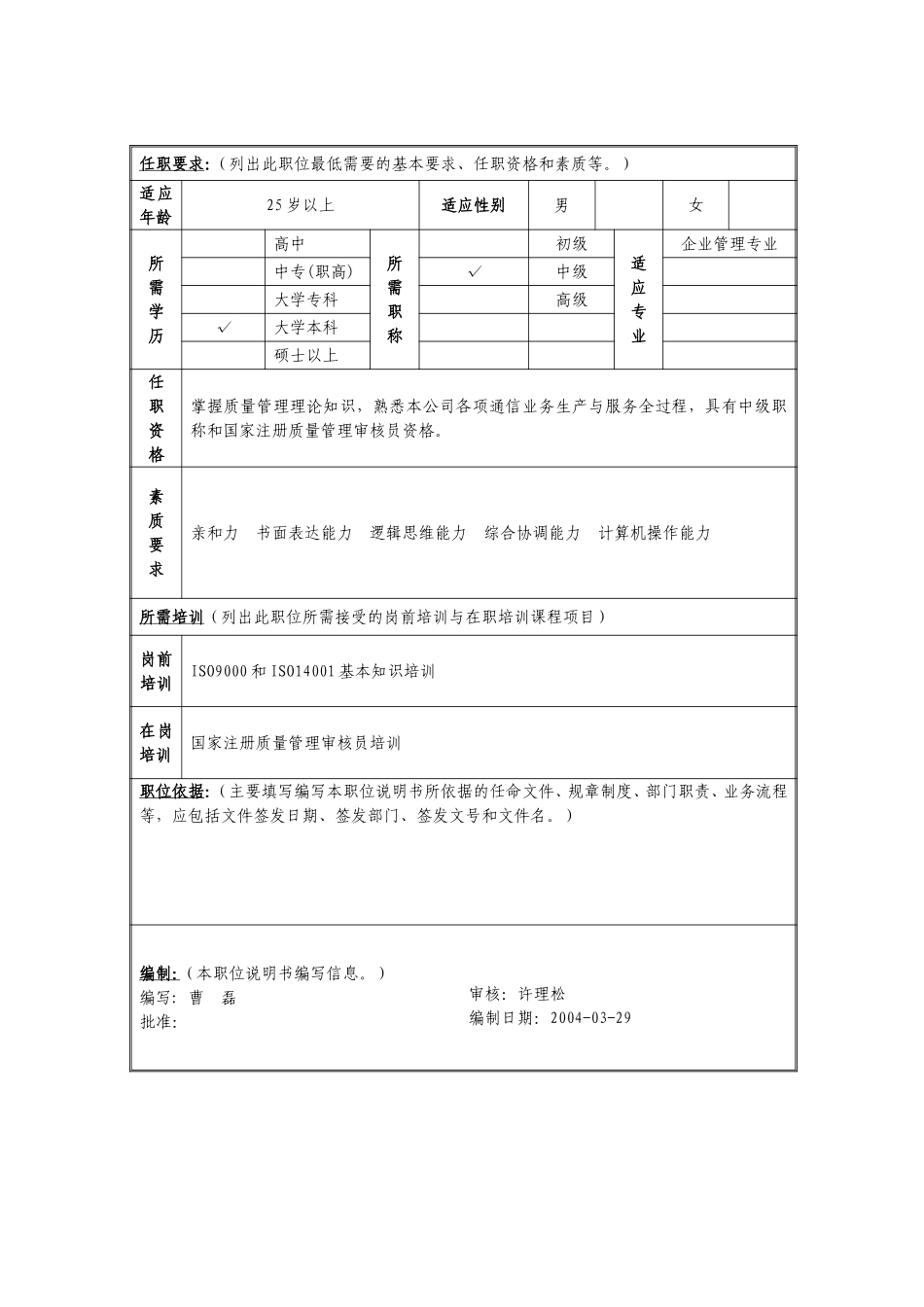 定岗定编与职位说明书-质量与服务监督部 (2).doc_第2页
