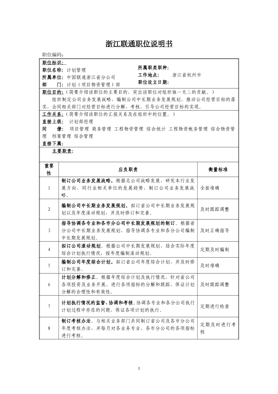 定岗定编与职位说明书-计划部 (1).doc_第1页