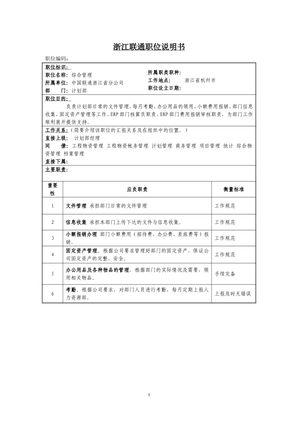 定岗定编与职位说明书-计划部 (5).doc_第1页