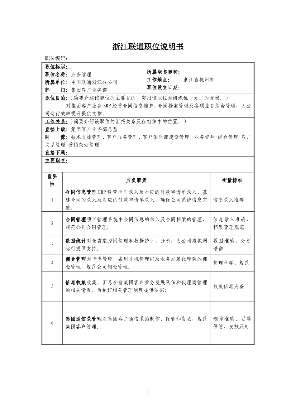 定岗定编与职位说明书-集团客户部 (2).doc_第1页