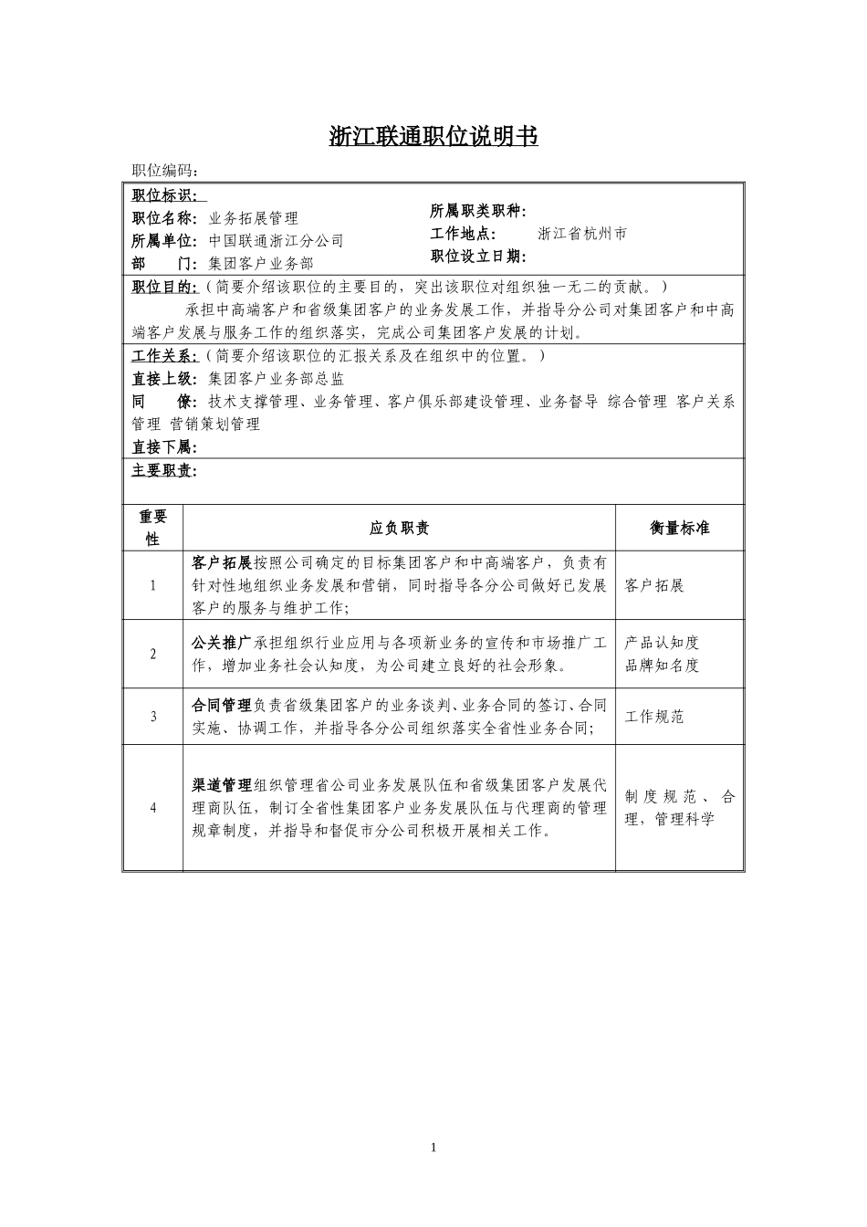 定岗定编与职位说明书-集团客户部 (3).doc_第1页