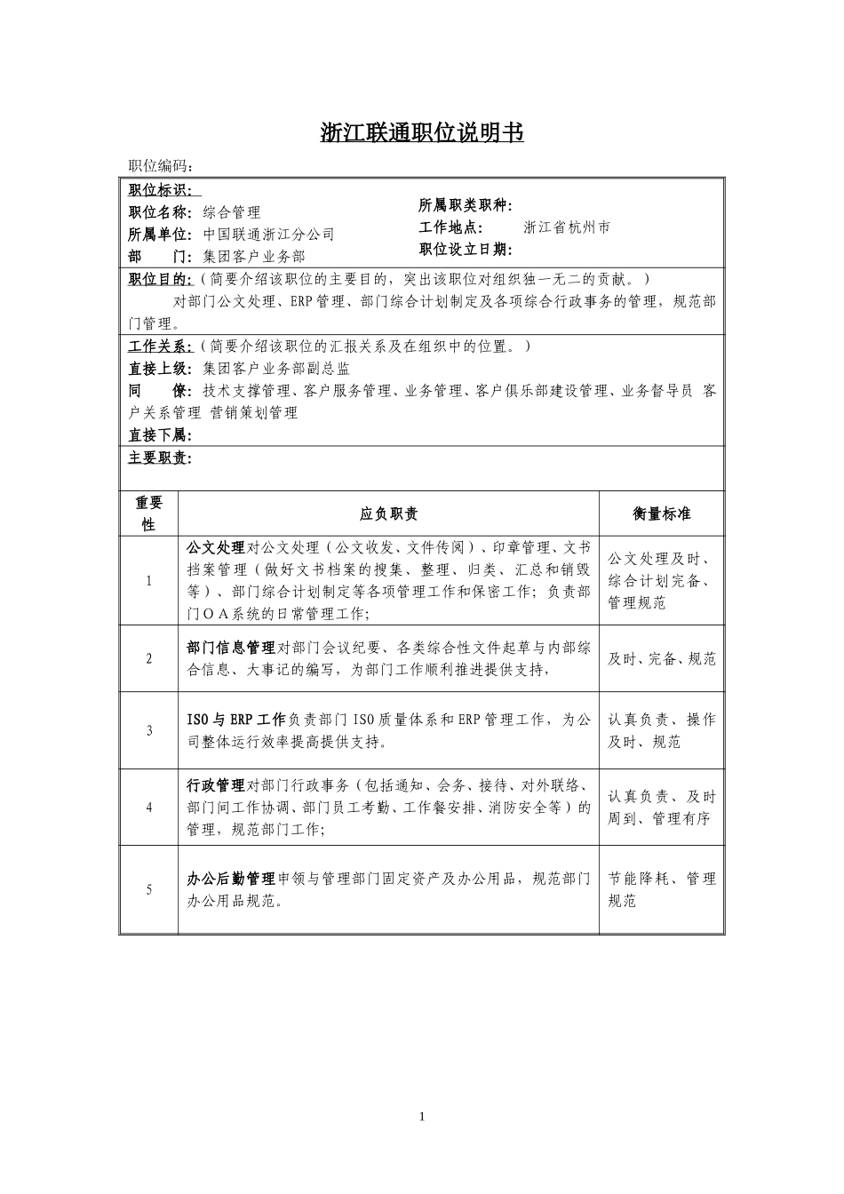 定岗定编与职位说明书-集团客户部 (6).doc_第1页